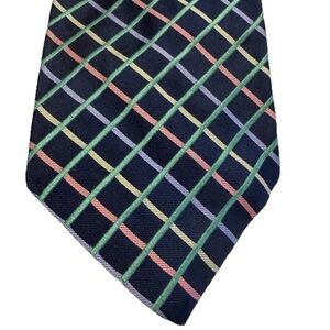 Lands' End Men’s 100% Silk Necktie Blue Plaid Grid Pattern Easter Spring